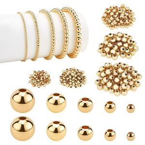 14K Gold Plated Spacer Beads, 300pcs Round Brass Beads 5 Size Metal